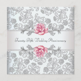 Invitación Rosa Rosa Damask Plata 25 Aniversario de Boda