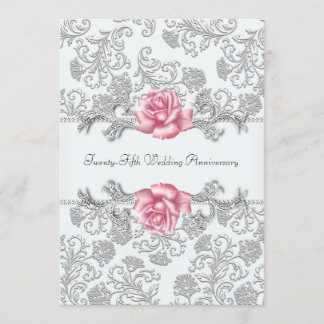 Invitación Rosa Rosa Damask Plata Aniversario de Bodas 25