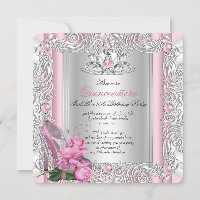 Invitación Rosa rosa de cumpleaños 15 de la princesa Quincean (Anverso)