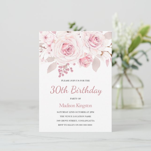 Invitación Rosa rosa de Rubor elegante Fiesta de cumpleaños 3 (Anverso de pie)