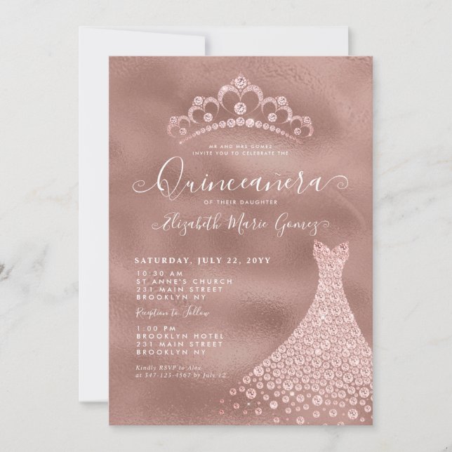 Invitación Rosa Rosa Dorada Diamante Tara Vestido Quinceanera (Anverso)