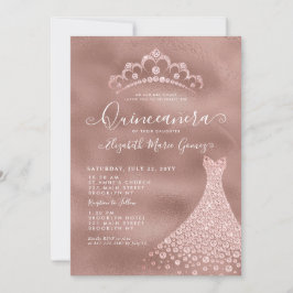 Invitación Rosa Rosa Dorada Diamante Tara Vestido Quinceanera