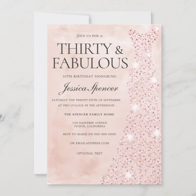 Invitación Rosa Rosa Dorada Vestido 30 y fabuloso cumpleaños  (Anverso)