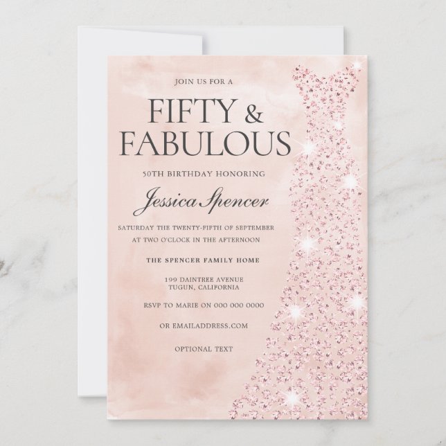 Invitación Rosa Rosa Dorada Vestido 50 y fabuloso cumpleaños  (Anverso)