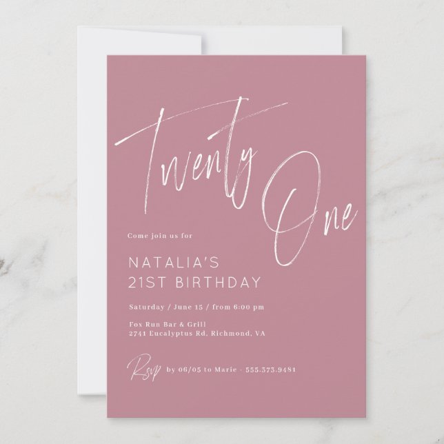 Invitación Rosa Rosa Dusty | Elegante guión 21 cumpleaños (Anverso)