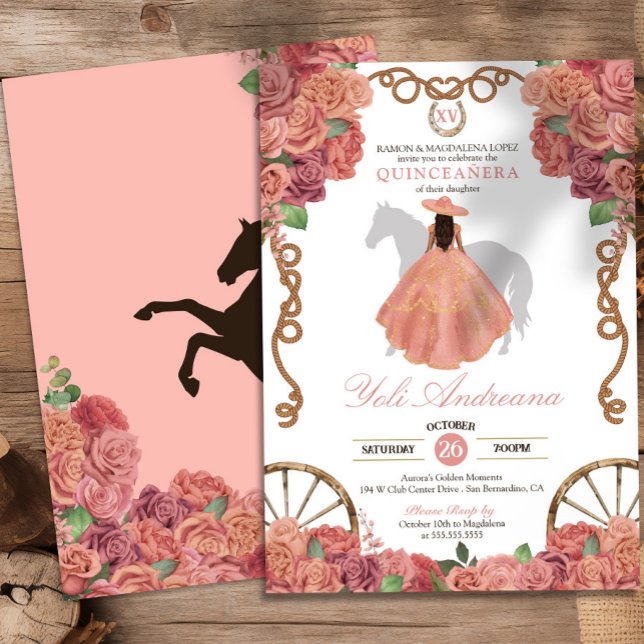 Invitación Rosa Rosa Dusty Rosa Quinceañera Occidental (Subido por el creador)