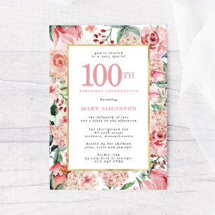Invitación Rosa rosa e hidrangea floral 100 cumpleaños