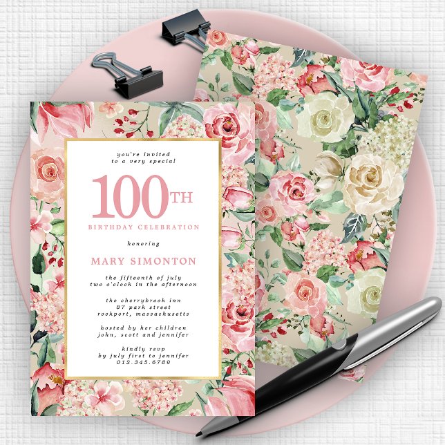 Invitación Rosa rosa e hidrangea floral 100 cumpleaños (Subido por el creador)