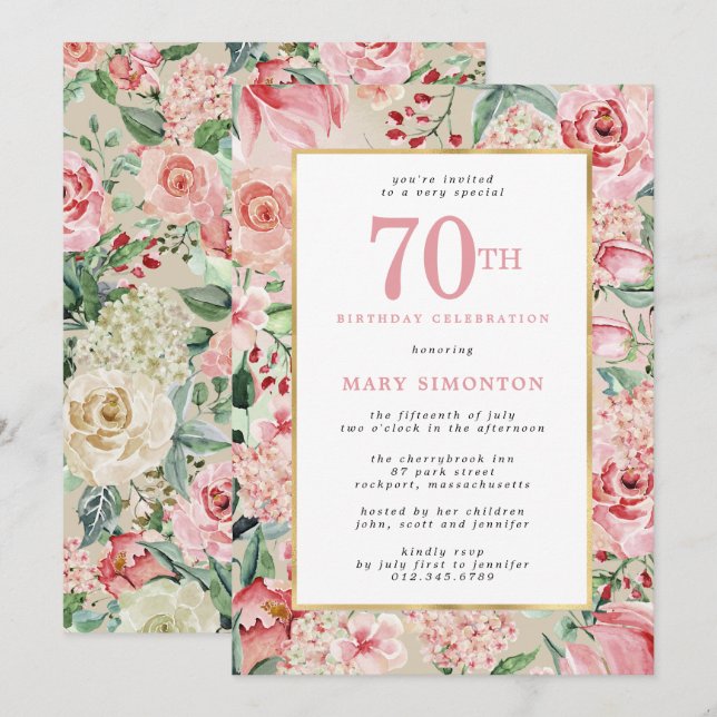 Invitación Rosa rosa e Hidrangea Floral 70 cumpleaños (Anverso / Reverso)