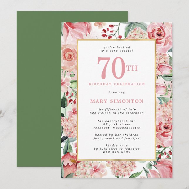Invitación Rosa rosa e Hidrangea Floral 70 cumpleaños (Anverso / Reverso)
