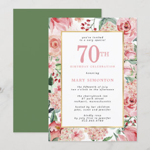 Invitación Rosa rosa e Hidrangea Floral 70 cumpleaños