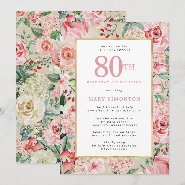 Invitación Rosa rosa e Hidrangea Floral 80 cumpleaños (Anverso / Reverso)