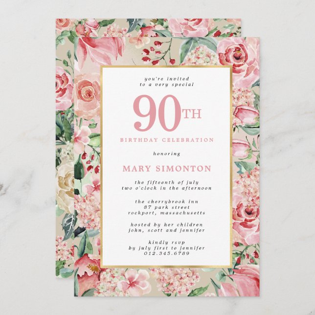 Invitación Rosa rosa e Hidrangea Floral 90 cumpleaños (Anverso / Reverso)