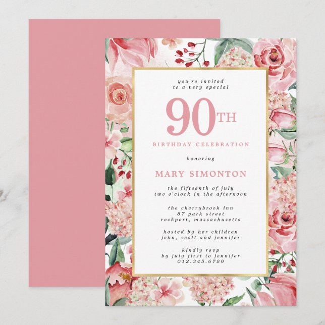 Invitación Rosa rosa e Hidrangea Floral 90 cumpleaños (Anverso / Reverso)