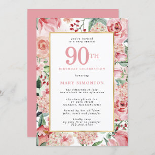 Invitación Rosa rosa e Hidrangea Floral 90 cumpleaños