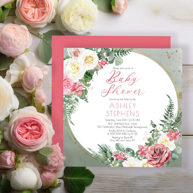 Invitación Rosa rosa elegante | Baby Shower de Chica Gold Fra (Elegant Pink Rose and Gold Tone Frame Girl Baby Shower Invitation - Print | Digital Download)