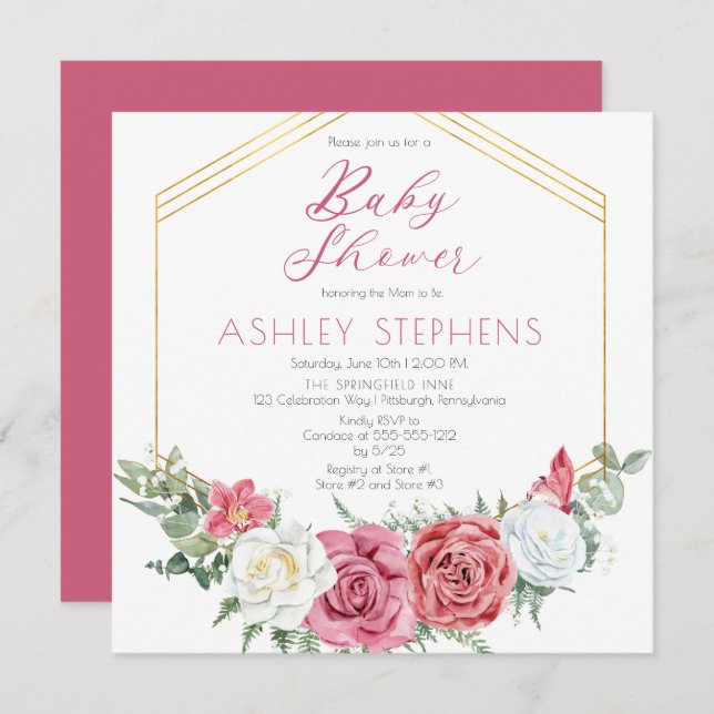 Invitación Rosa rosa elegante | Baby Shower de Chica Gold Fra (Anverso / Reverso)
