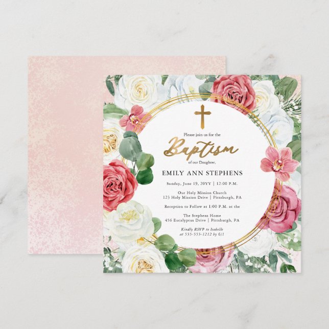 Invitación Rosa rosa elegante | Bautismo con marco floral dor (Anverso / Reverso)