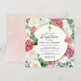 Invitación Rosa rosa elegante | Bautismo con marco floral dor