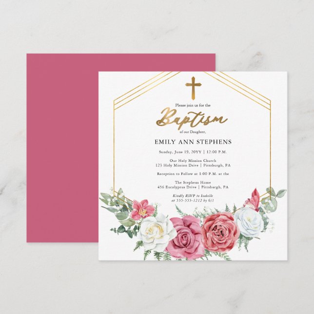 Invitación Rosa rosa elegante | Bautismo con marco floral dor (Anverso / Reverso)
