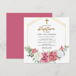 Invitación Rosa rosa elegante | Bautismo con marco floral dor