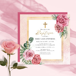 Invitación Rosa rosa elegante |Bautismo con marco floral dora