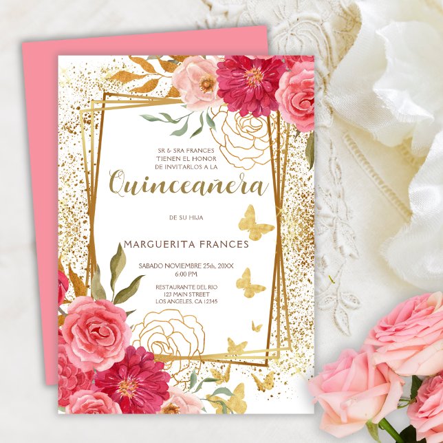 Invitación Rosa Rosa Elegante Español Quinceañera Mis Quince (Subido por el creador)