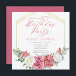 Invitación Rosa rosa elegante | Fiesta de cumpleaños número 6<br><div class="desc">Elegante y elegante rosa rosa rosa y blanco floral con vegetación verde salada "Partido Cumpleaños" diseño de texto con marco geométrico de líneas de color dorado.</div>