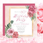 Invitación Rosa rosa elegante |Fiesta de cumpleaños número 60<br><div class="desc">Elegante y elegante rosa rosa rosa y blanco floral con verde salado diseño de texto "Partido Cumpleaños" con líneas geométricas de color dorado rectangular marco.</div>