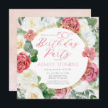 Invitación Rosa rosa elegante | Fiesta del marco dorado 50 cu<br><div class="desc">Elegante y elegante rosa rosa rosa y blanco floral con sage verde eucalipto "Partido del Cumpleaños" diseño de texto con líneas geométricas de color dorado marco circular.</div>
