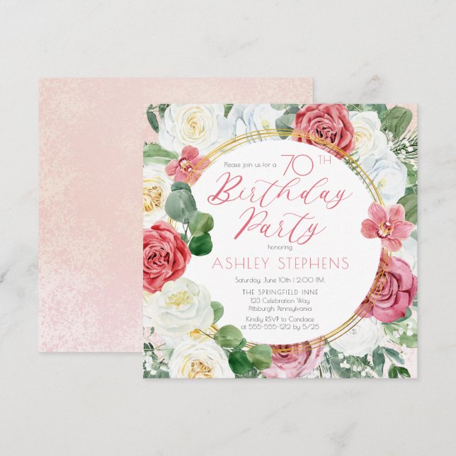 Invitación Rosa rosa elegante | Fiesta del marco dorado 70 cu (Anverso / Reverso)