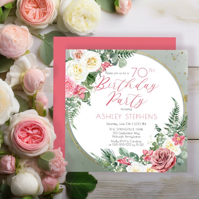 Invitación Rosa rosa elegante | Fiesta del marco dorado 70 cu (Elegant Pink Rose and Gold Tone Frame 70th Birthday Party Invitation - Print | Digital Download)