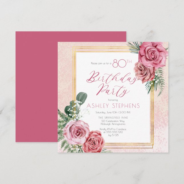Invitación Rosa rosa elegante |Fiesta por el 80 cumpleaños de (Anverso / Reverso)