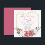 Invitación Rosa rosa elegante | Marco dorado 40.º Fiesta de c<br><div class="desc">Elegante y elegante rosa rosa rosa y blanco floral con vegetación verde salada "Partido Cumpleaños" diseño de texto con marco geométrico de líneas de color dorado.</div>