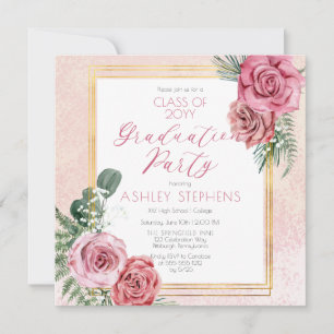 Invitación Rosa rosa elegante Partido de Graduación del Mar