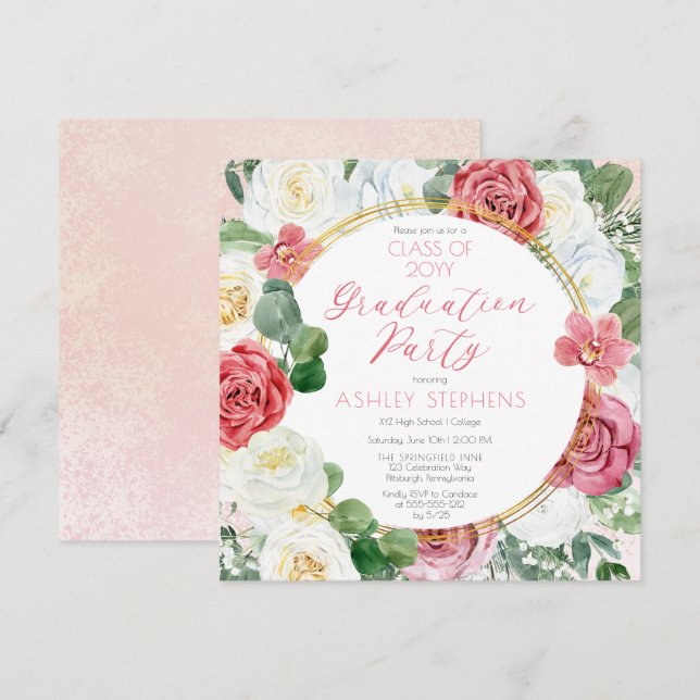 Invitación Rosa rosa elegante | Partido de Graduación del Mar (Anverso / Reverso)