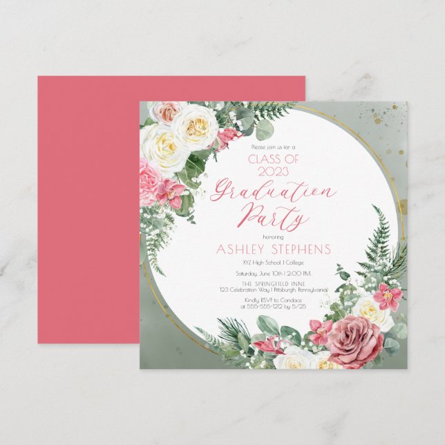 Invitación Rosa rosa elegante | Partido de Graduación del Mar (Anverso / Reverso)