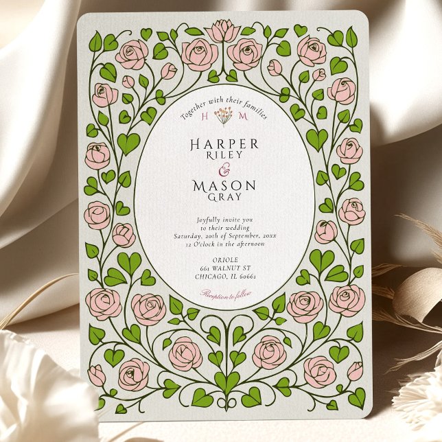Invitación Rosa rosa elegante y Boda del corazón verde (Subido por el creador)