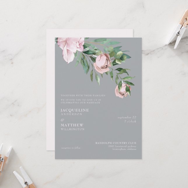 Invitación Rosa rosa elegante y gris junto con Boda (Anverso/Reverso In Situ)