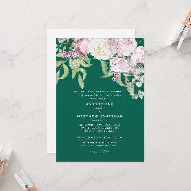 Invitación Rosa rosa elegante y verde esmeralda eucalipto (Anverso/Reverso In Situ)