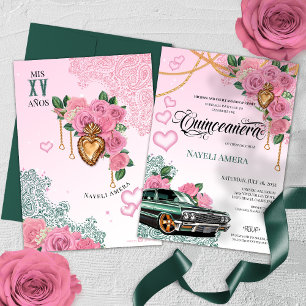 Invitación Rosa Rosa Esmeralda Verde Chola Lowrider Quinceane
