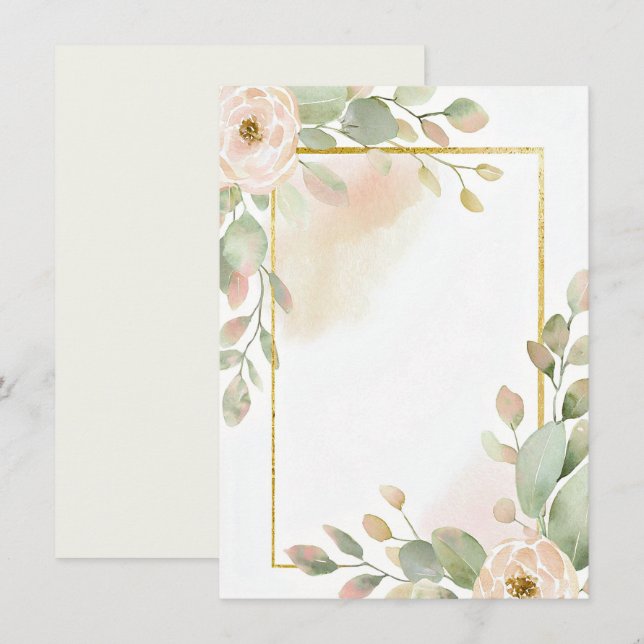Invitación Rosa rosa, eucalipto y marco dorado boda en blanco (Anverso / Reverso)