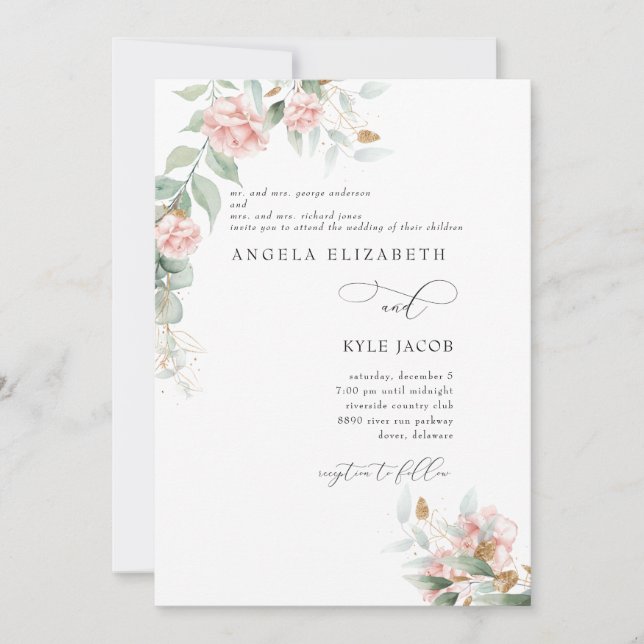 Invitación Rosa rosa Eucalyptus Ambos Padres Boda (Anverso)