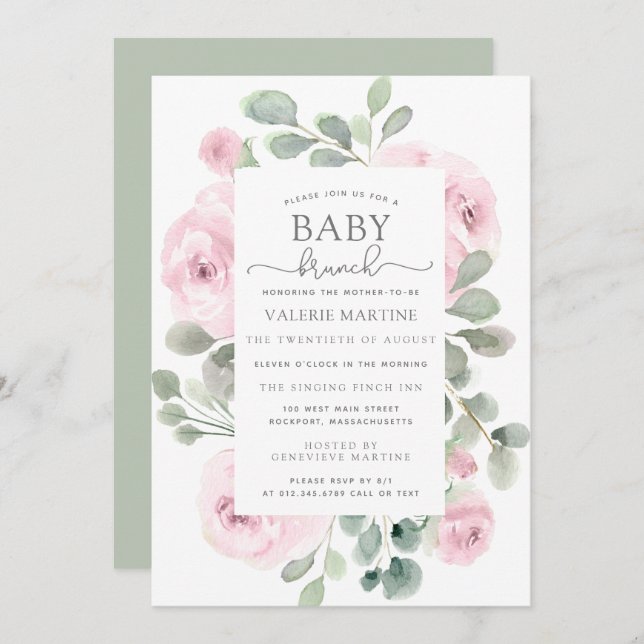 Invitación Rosa Rosa Eucalyptus Baby Brunch (Anverso / Reverso)
