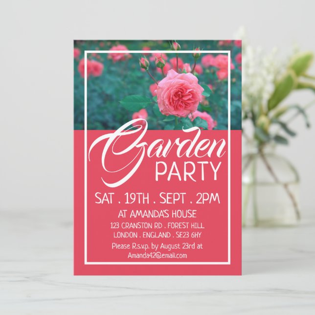 Invitación Rosa rosa, Fiesta de jardín (Anverso de pie)