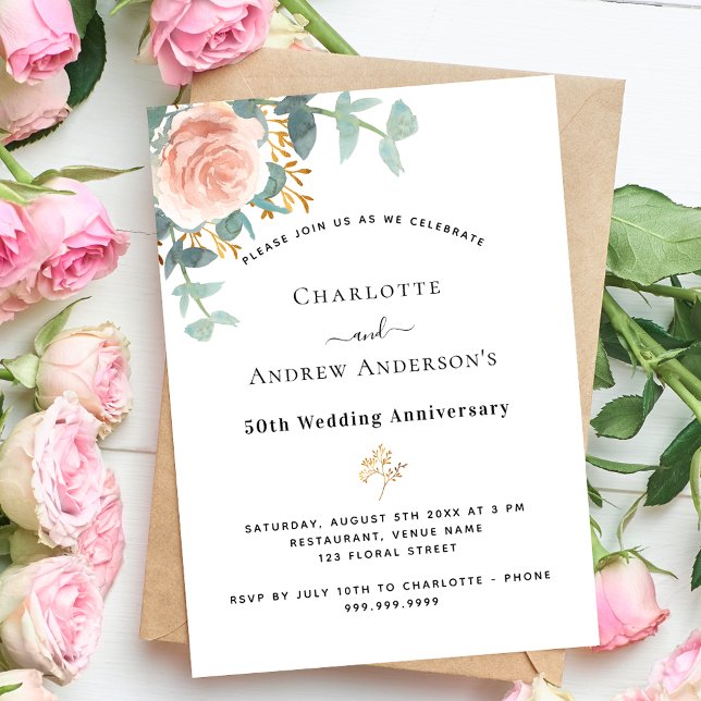 Invitación Rosa rosa floral 50 aniversario de boda de lujo (Subido por el creador)