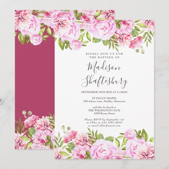 Invitación Rosa Rosa Floral Bautizo (Anverso / Reverso)
