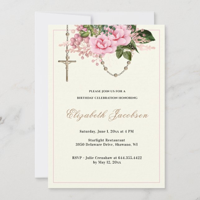 Invitación Rosa rosa Floral de cumpleaños Rosario religioso (Anverso)