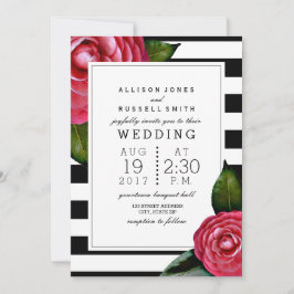 Invitación Rosa rosa Floral Negro + Boda de franja blanca