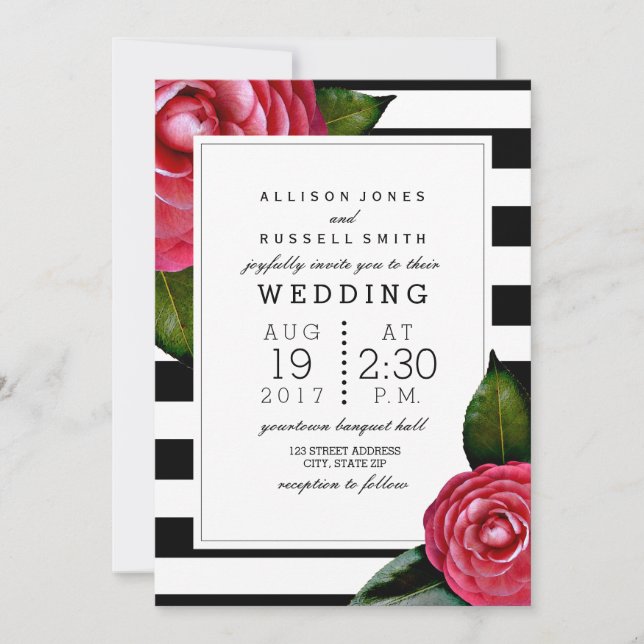 Invitación Rosa rosa Floral Negro + Boda de franja blanca (Anverso)